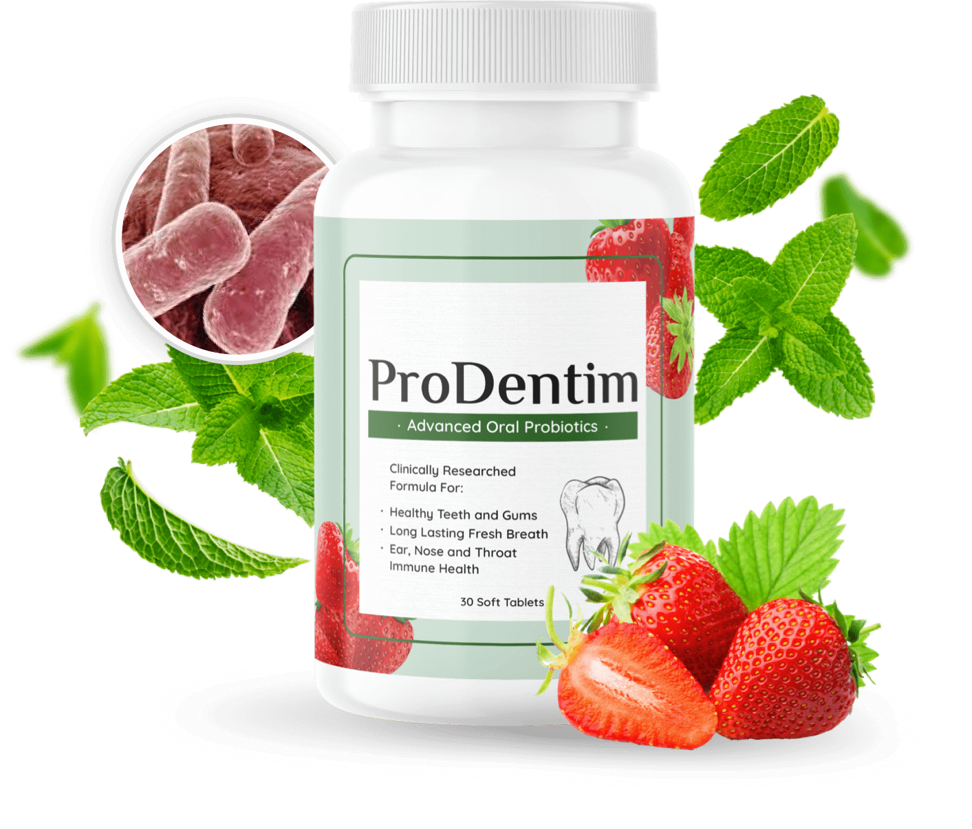 ProDentim bottle with mint and strawberries